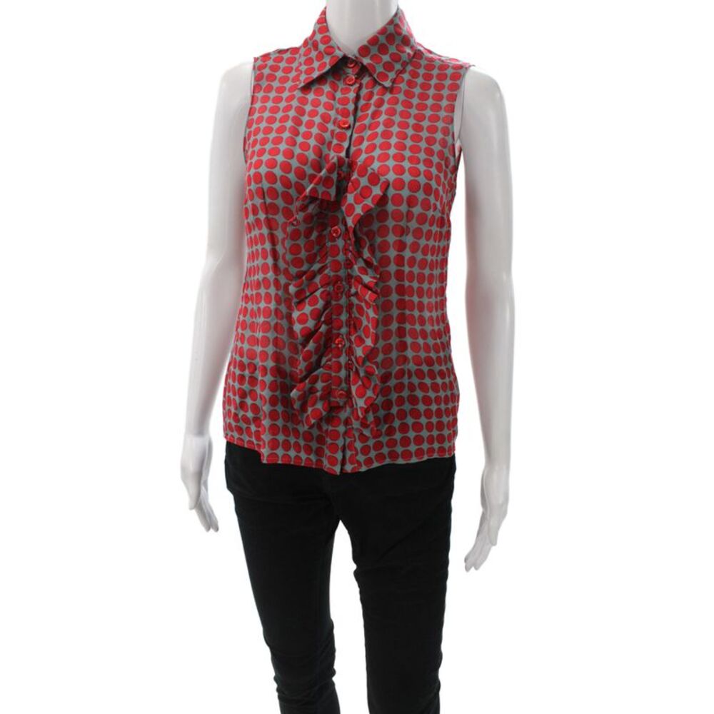 Moschino Women Polka Dot Collared Sleeveless Button Blouse Gray Basic Size 6